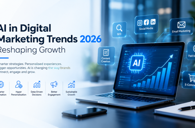 AI in digital marketing trends 2026, featuring AI-powered analytics, SEO, social media, content creation and digital advertising.